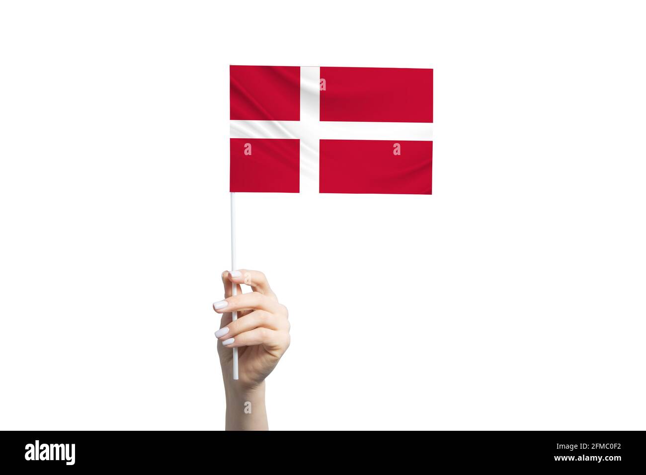 Beautiful female hand holding Denmark flag, isolated on white ...