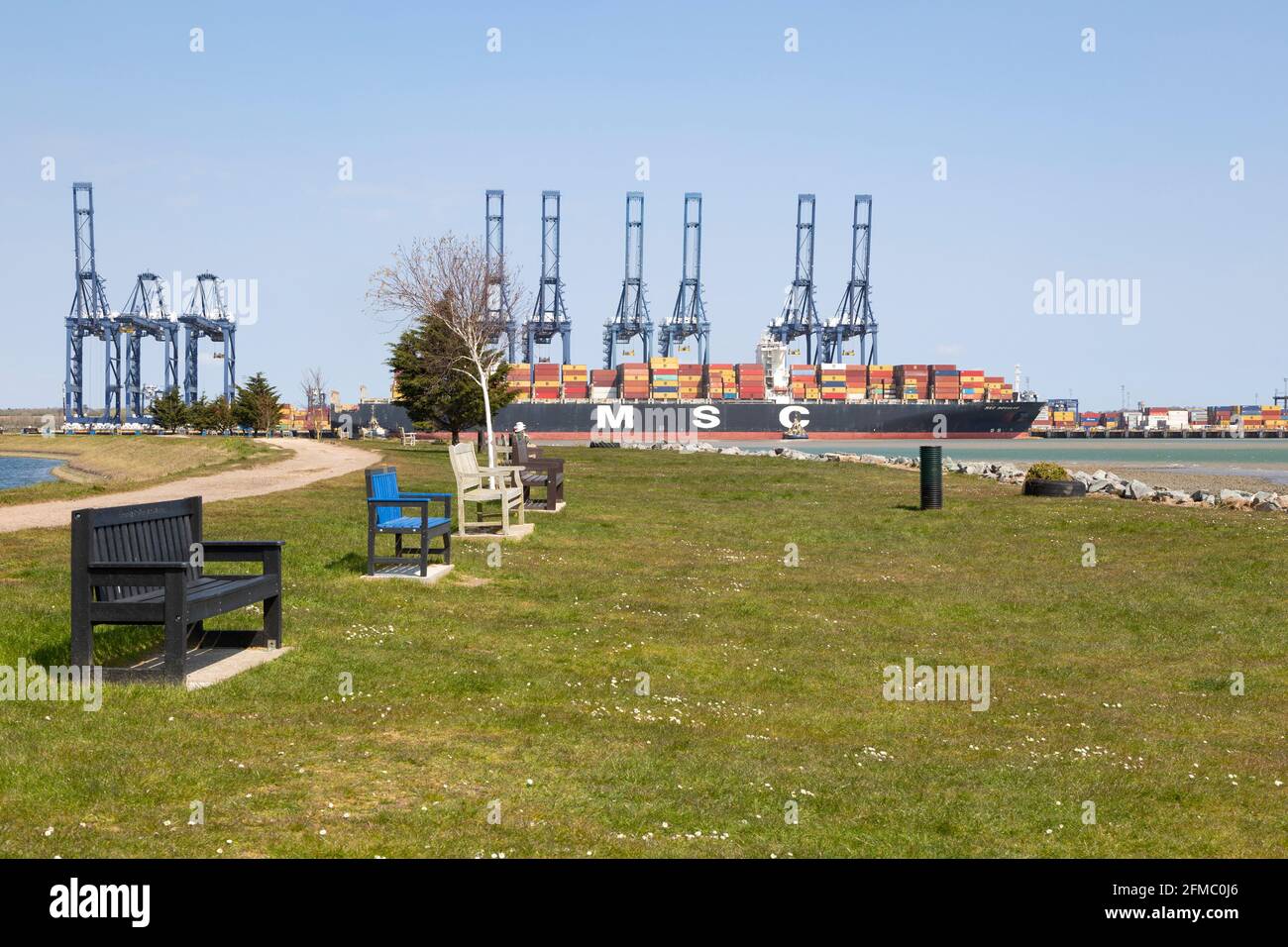 View of container ship at Port of Felixstowe, Shotley marina, Suffolk ...