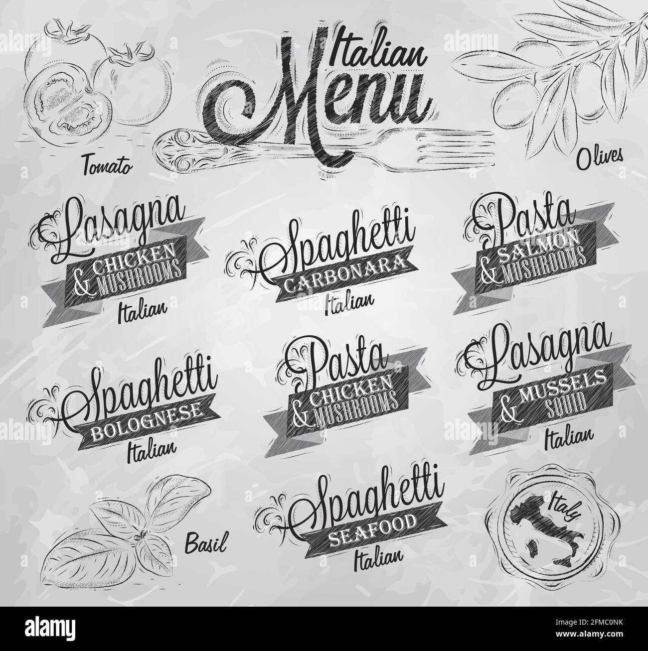 Menu Italian the names of dishes of spaghetti, lasagna, pasta carbonara, bolognese and other