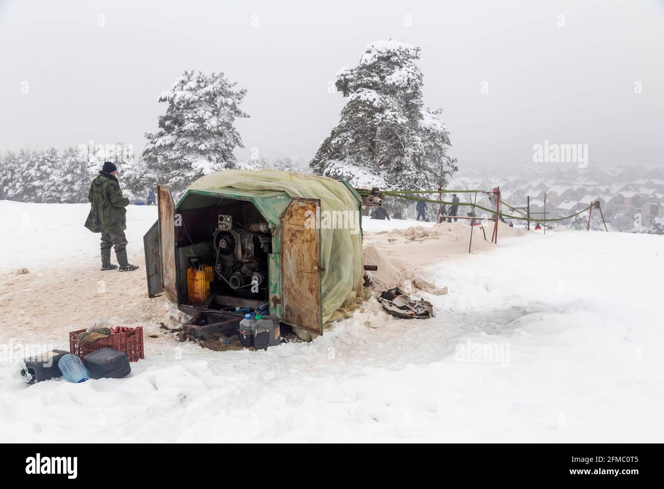 Homemade Rope Tow or Ski Lift made of engine from an old truck at