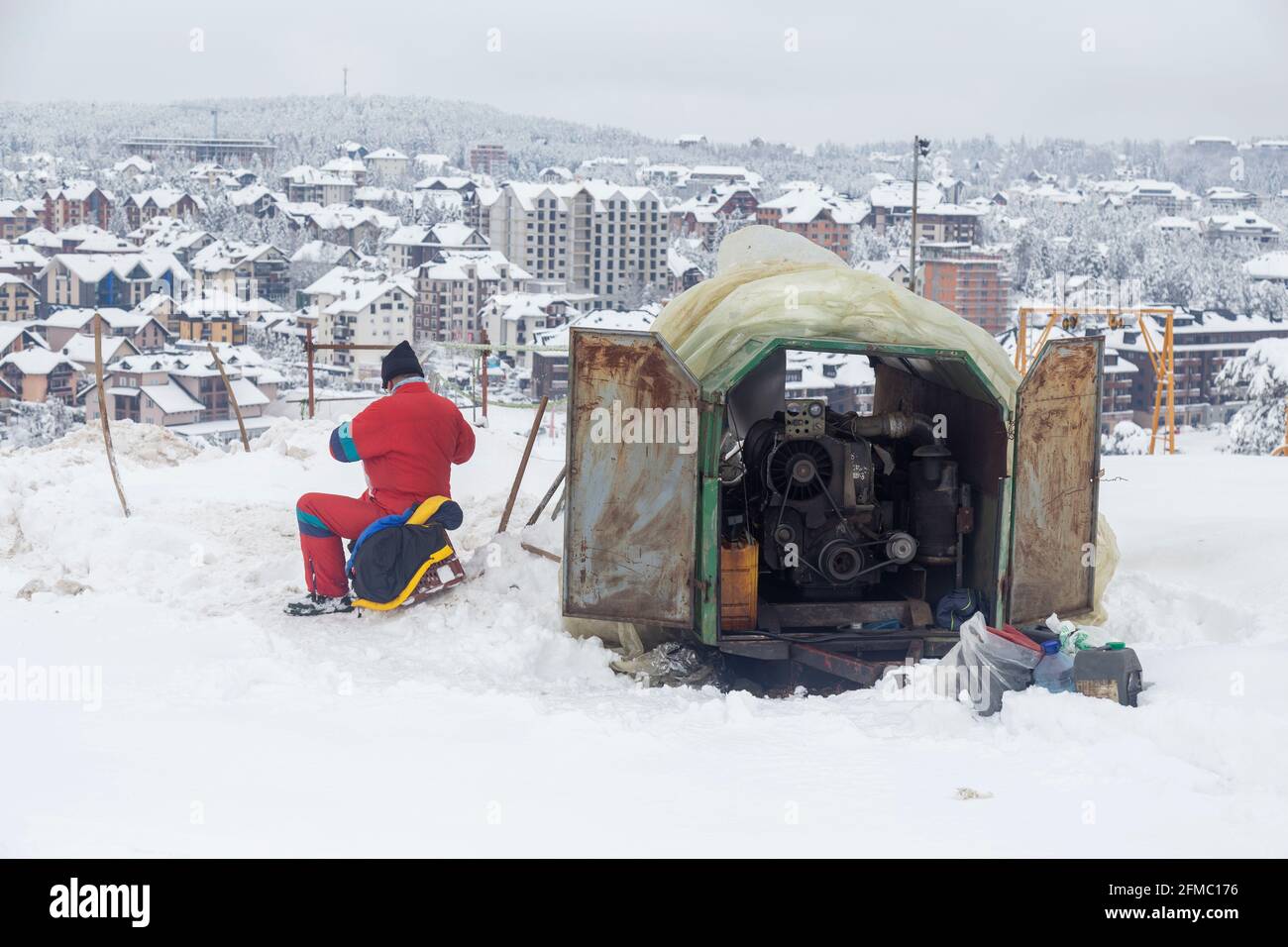 Homemade Ski Lift or Rope Tow made of engine from an old truck Stock