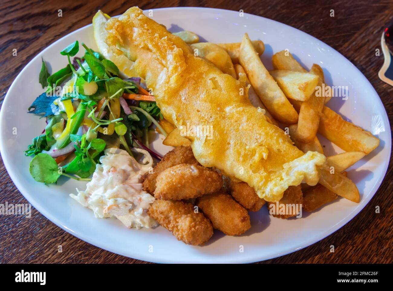 Plate of fish and chips in Scotland. Stock Photo