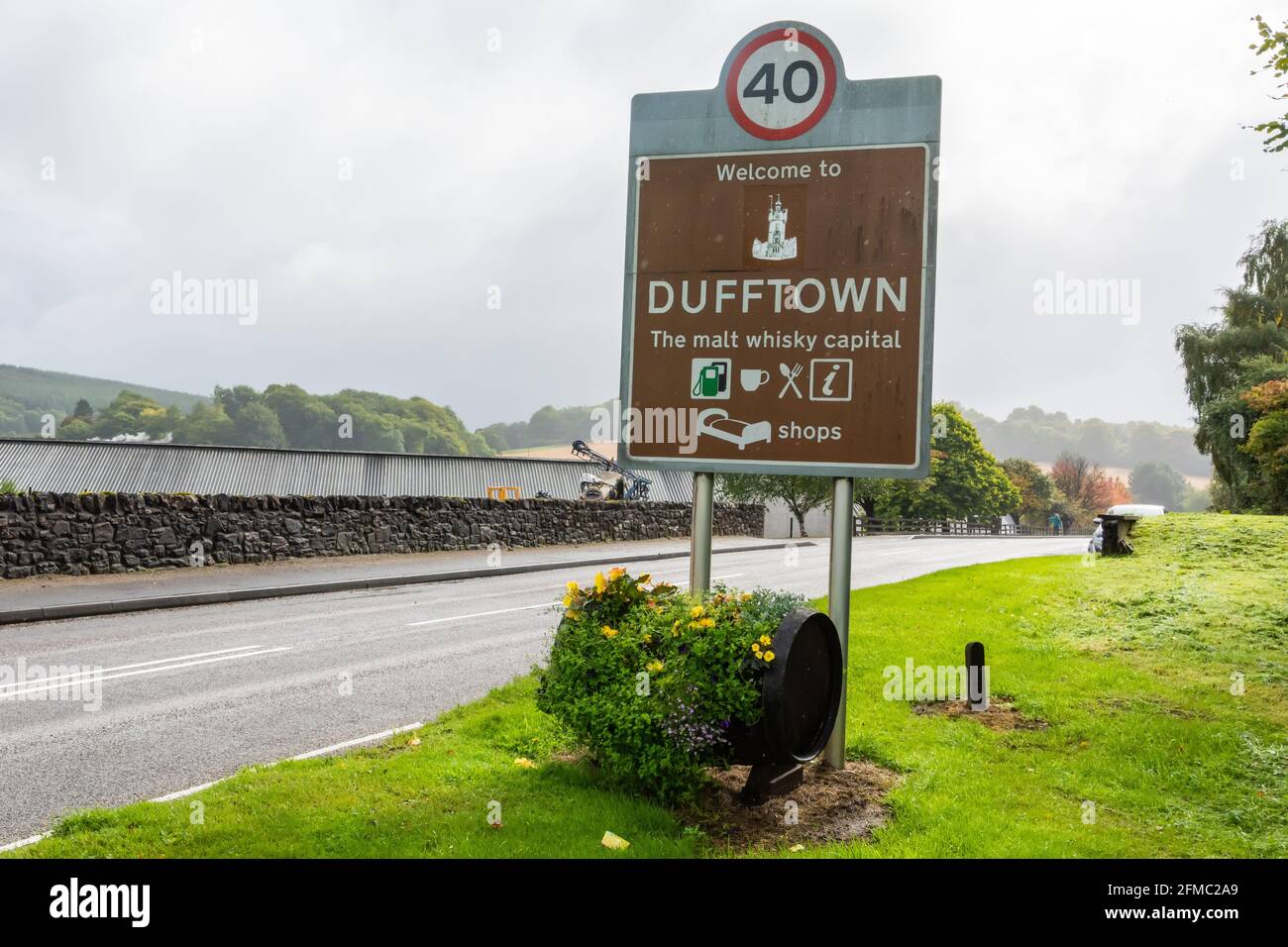 ‘Welcome to Dufftown. The malt whisky capital’ road sign in Dufftown, Scotland. Stock Photo