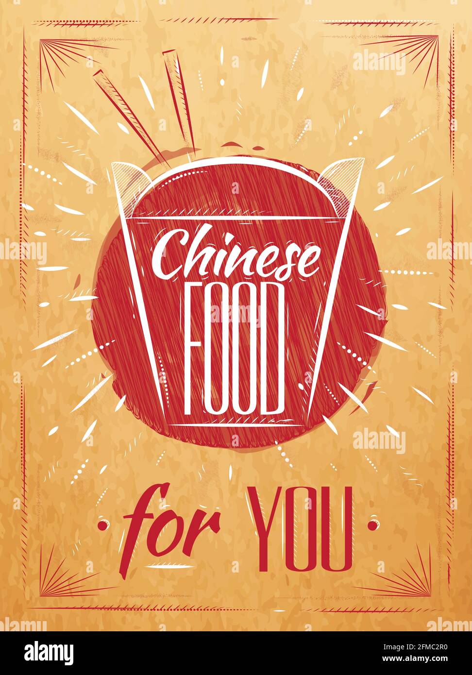 Poster chinese food in retro style lettering takeout box stylized