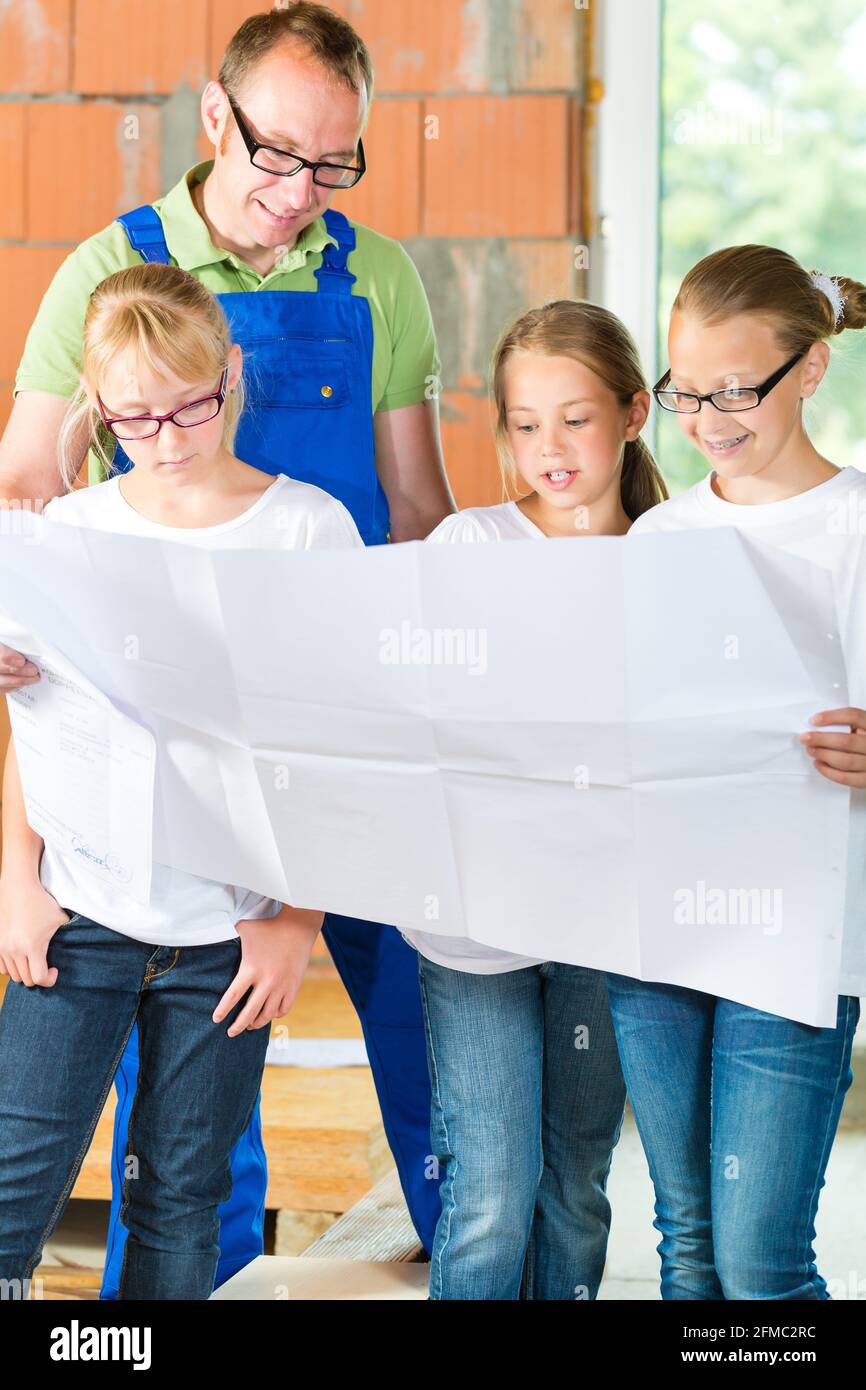 Contruction Project Parents Father and kids or daughters and friends looking at a construction plan ...