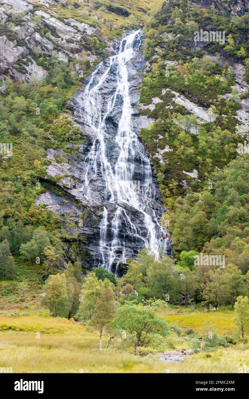 Steall Waterfall in Glen Nevis near Fort William, Highland, Scotland. It is the second-highest waterfall in Scotland, with a single drop of 120 metres Stock Photo