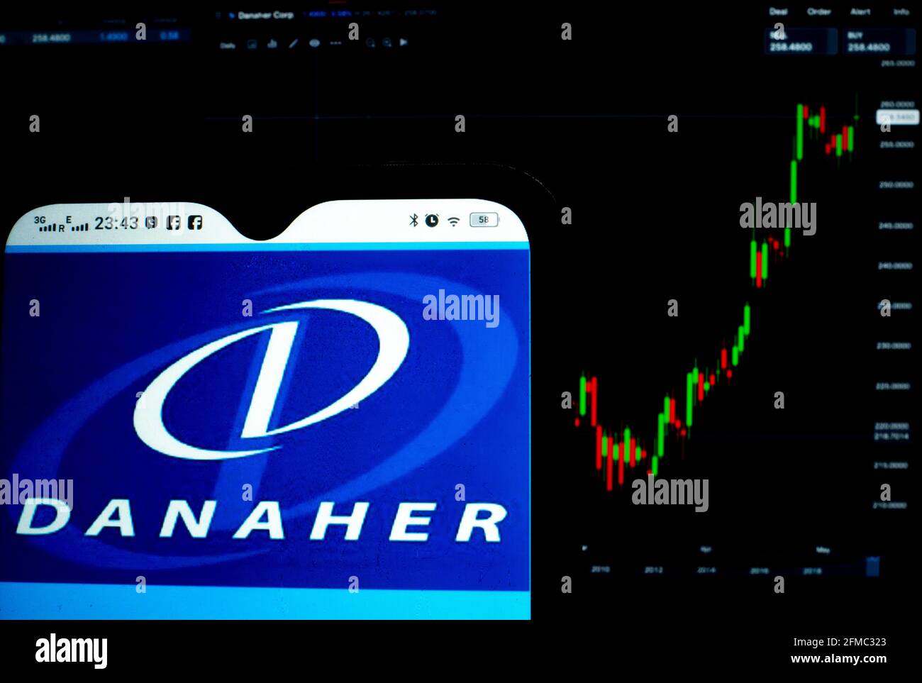 Ukraine. 07th May, 2021. In this photo illustration, Danaher Corporation logo seen displayed on a smartphone with the stock market information of Danaher Corporation in the background. (Photo by Igor Golovniov/SOPA Images/Sipa USA) Credit: Sipa USA/Alamy Live News Stock Photo