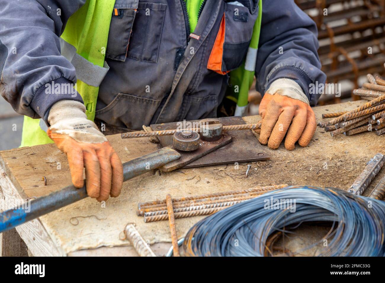Tool for bending reinforcement metal rebar for concrete work Stock