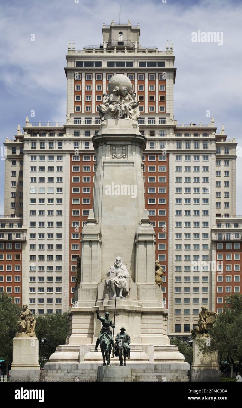 Cervantes Monument at Plaza de Espana in Madrid. Spain Stock Photo
