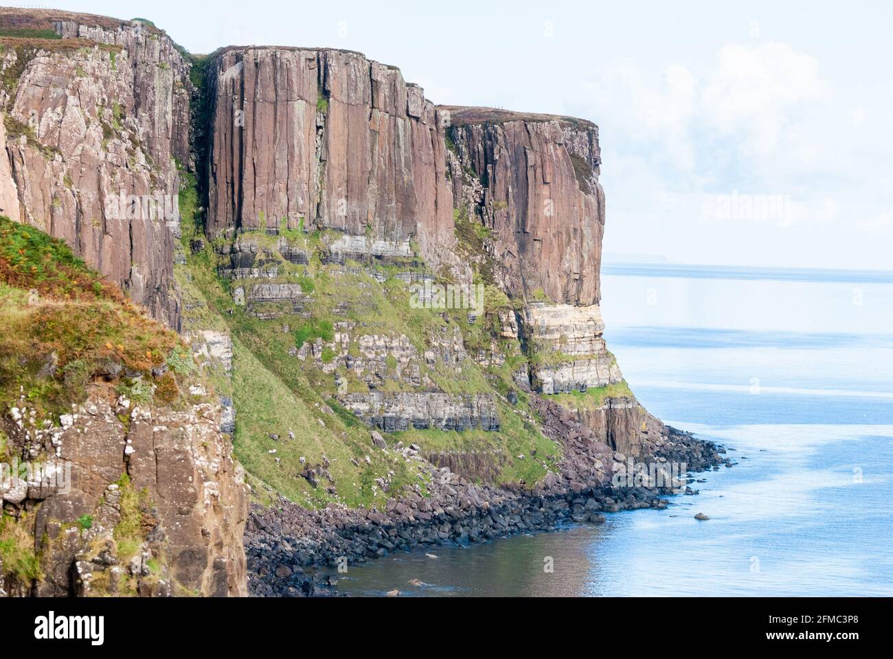 Pillars of the Kilt Rock (Creag an Fheilidh) formation in the Isle of Skye in Scotland. Stock Photo