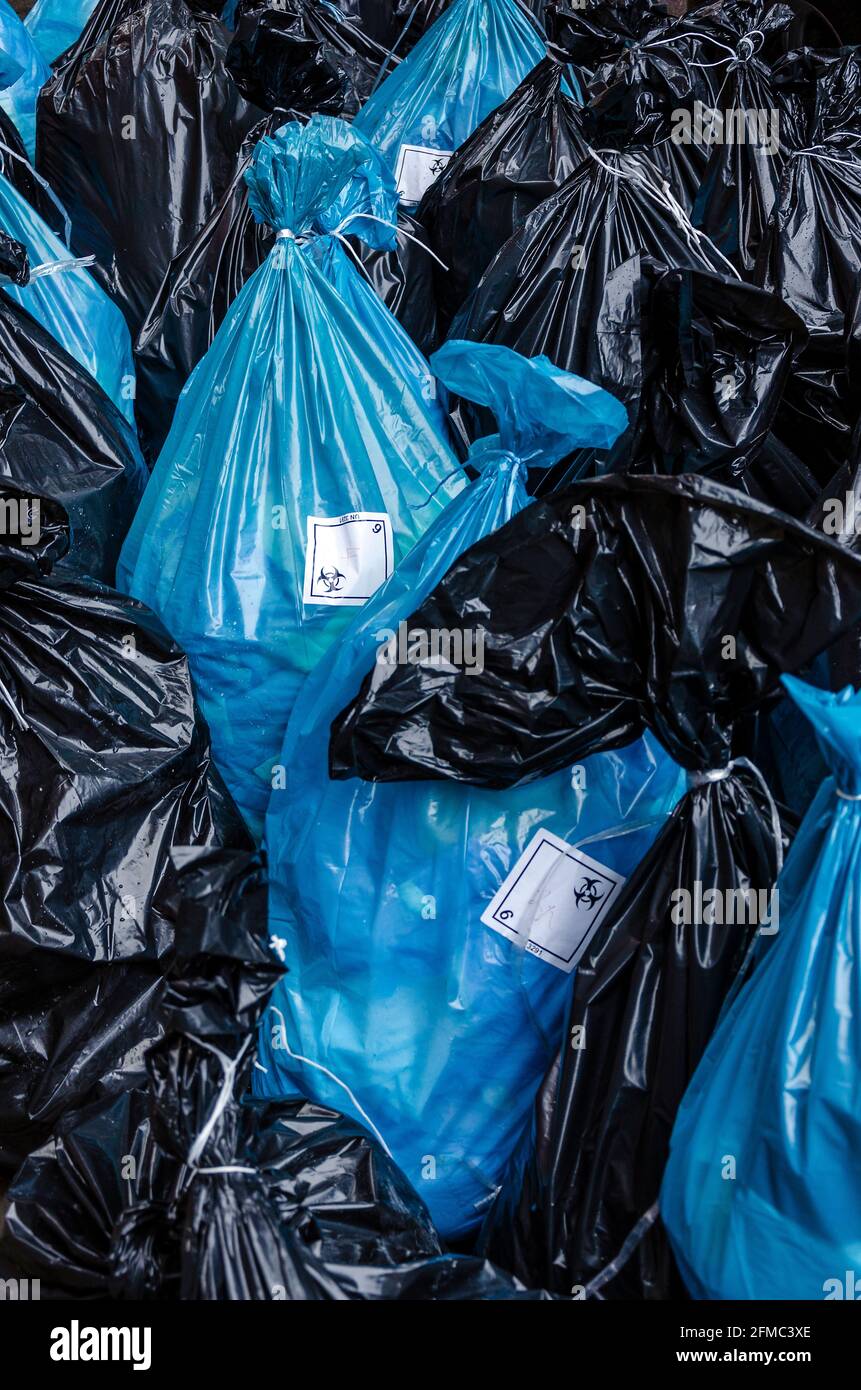 Biohazard waste bags with sticker logo, hospital waste Stock Photo