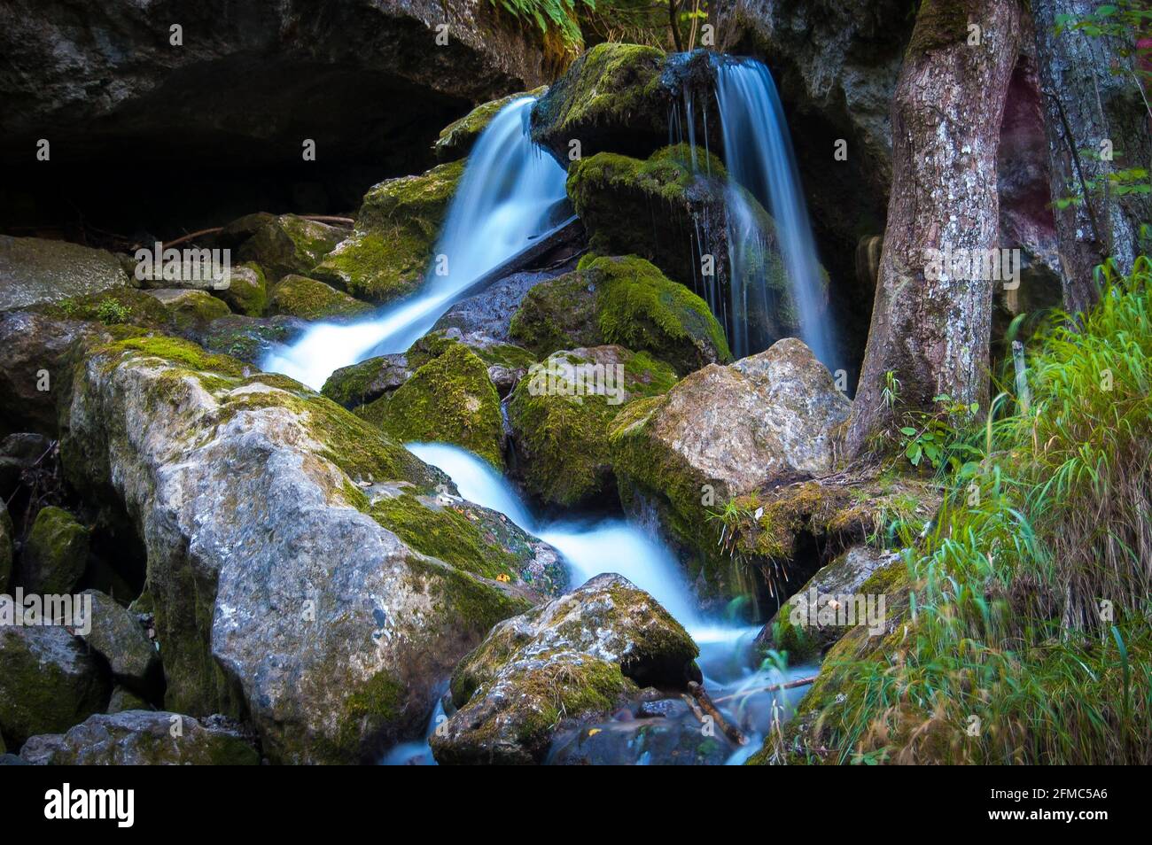 Series of beautiful views on Myra Falls waterfalls with mossy stones in Lower Austria (Myrafälle Wasserfälle, Niederösterreich), Austria. Stock Photo