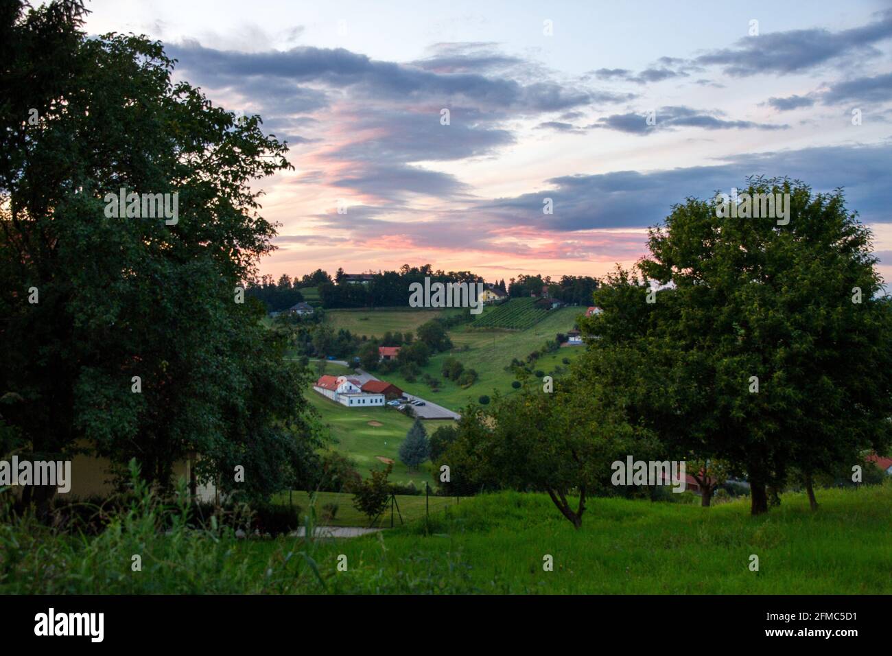 Beautiful view on a village during suset. Southern Burgenland, Austria. Stock Photo
