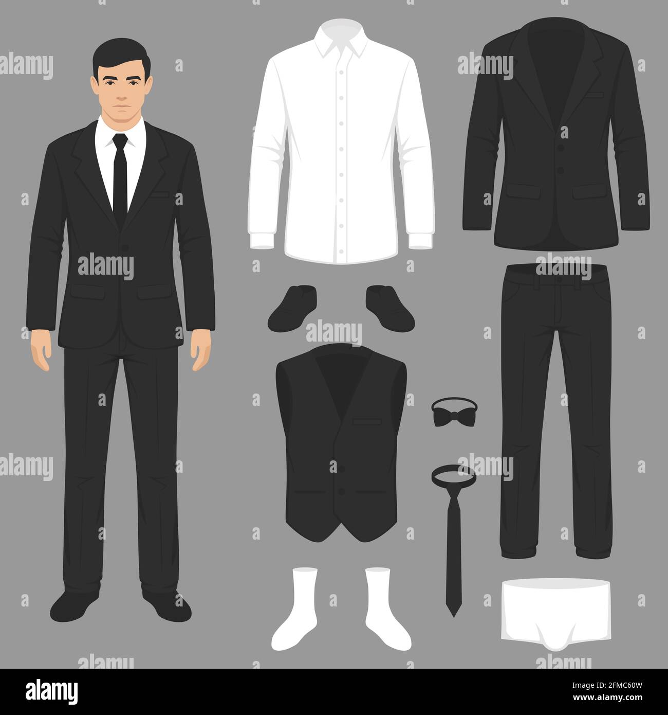 vector illustration of a men fashion, suit uniform, jacket, pants, shirt and shoes isolated Stock Vector