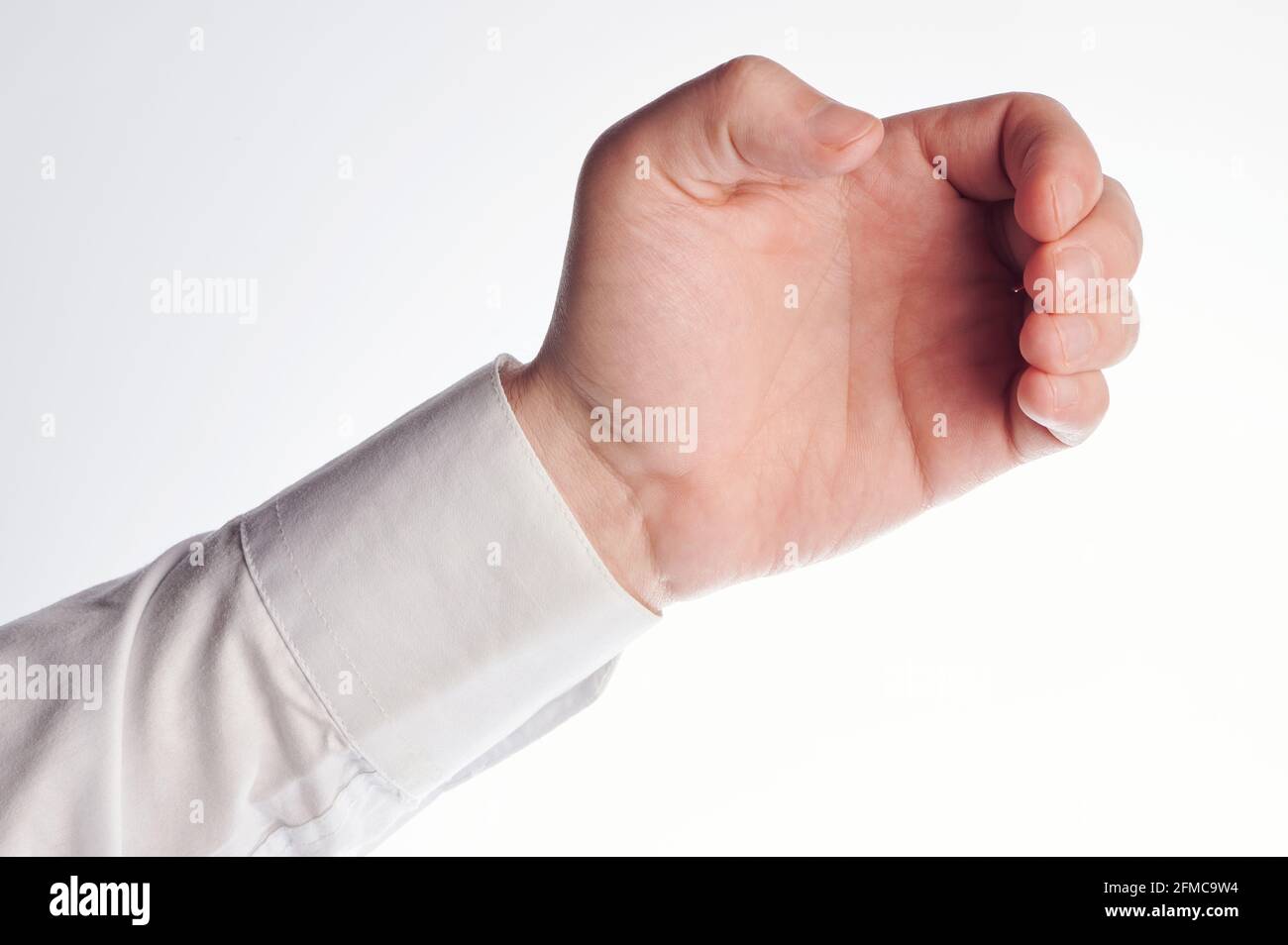 Hand holding round object copy space isolated on white studio ...
