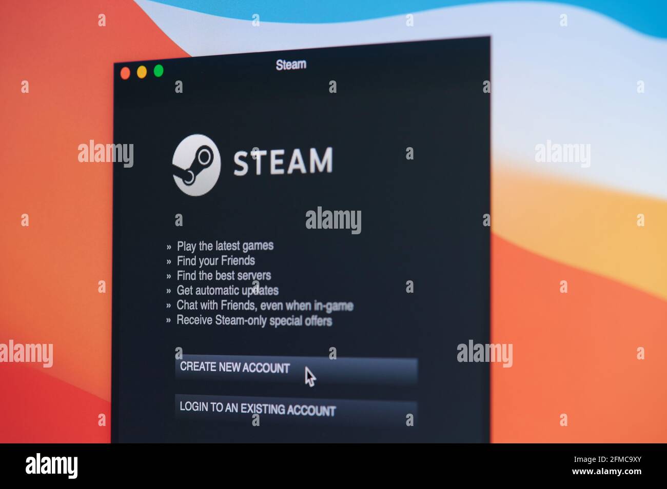 New york, USA - April 19, 2021: Login in steam account on laptop screen macro close up view Stock Photo