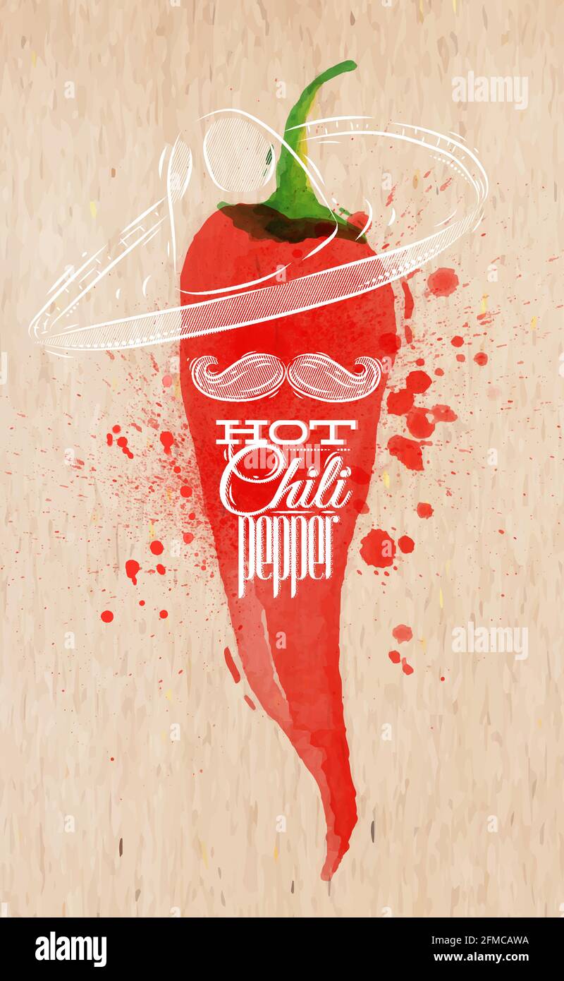 Poster with red watercolor chili pepper lettering hot chili pepper Stock Vector