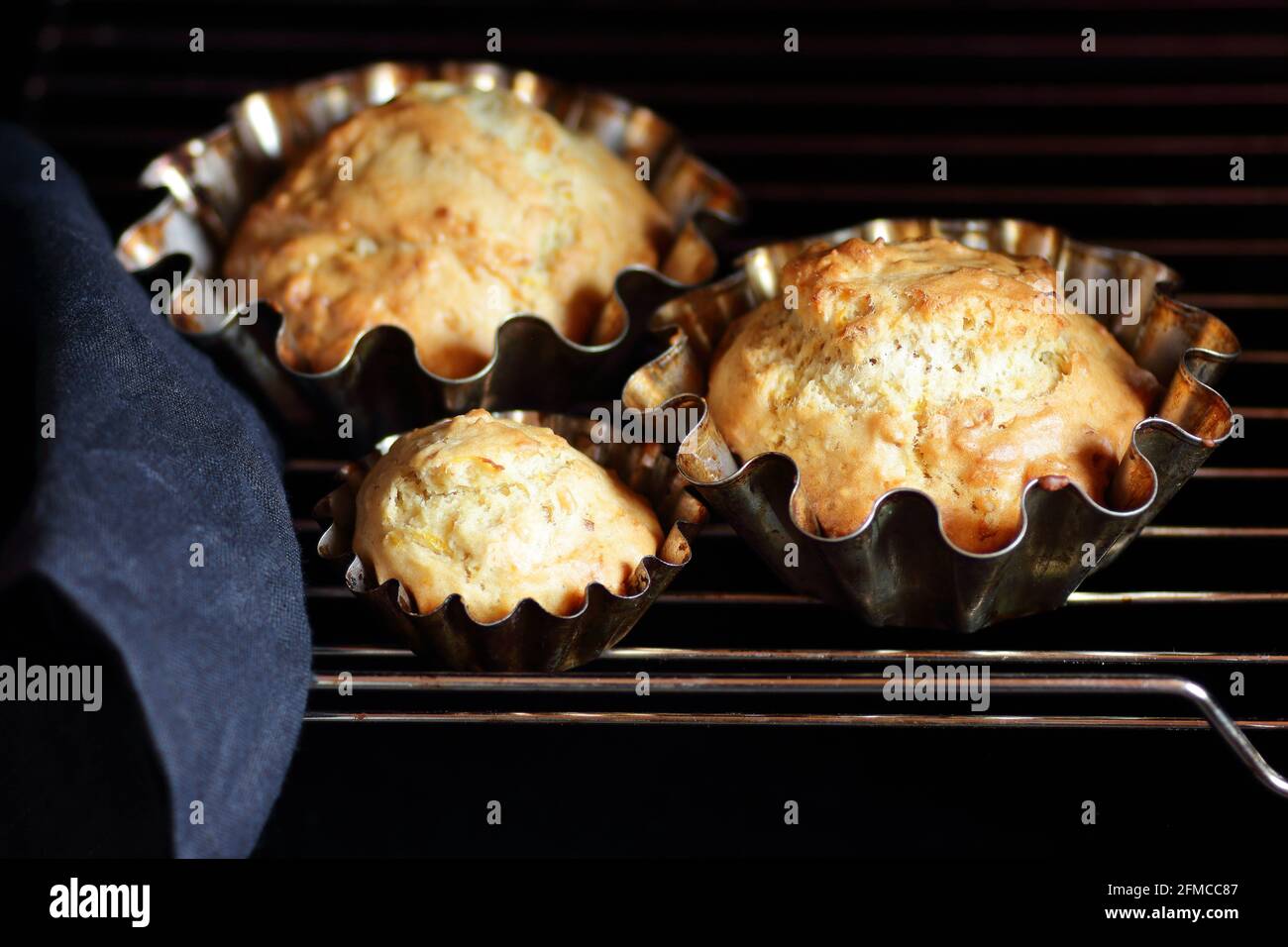 Baked cakes - muffins in the oven on steel grill on dark moody black background, closeup, copy space, sourdough baking and process of cooking concept Stock Photo