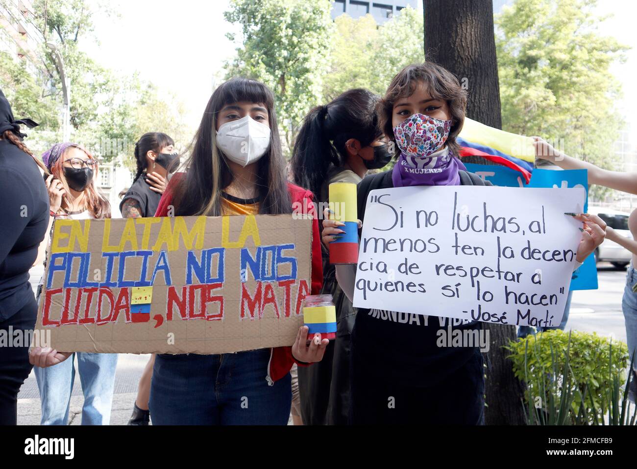 MEXICO CITY, MEXICO - MAY 6: Colombian citizens join a demonstration outside the Colombian embassy in Mexico, to express their anger against the curfew imposed by Colombian President Iván Duque, allowing the military armed forces to disperse protesters with violence due to multiple protests made after President Iván Duque sent Congress a proposal for a tax reform that seeks to generate taxes on the middle class of the Colombian country on May 6, 2021 in Mexico City, Mexico. Credit: Luis Barron/Eyepix Group/The Photo Access Stock Photo