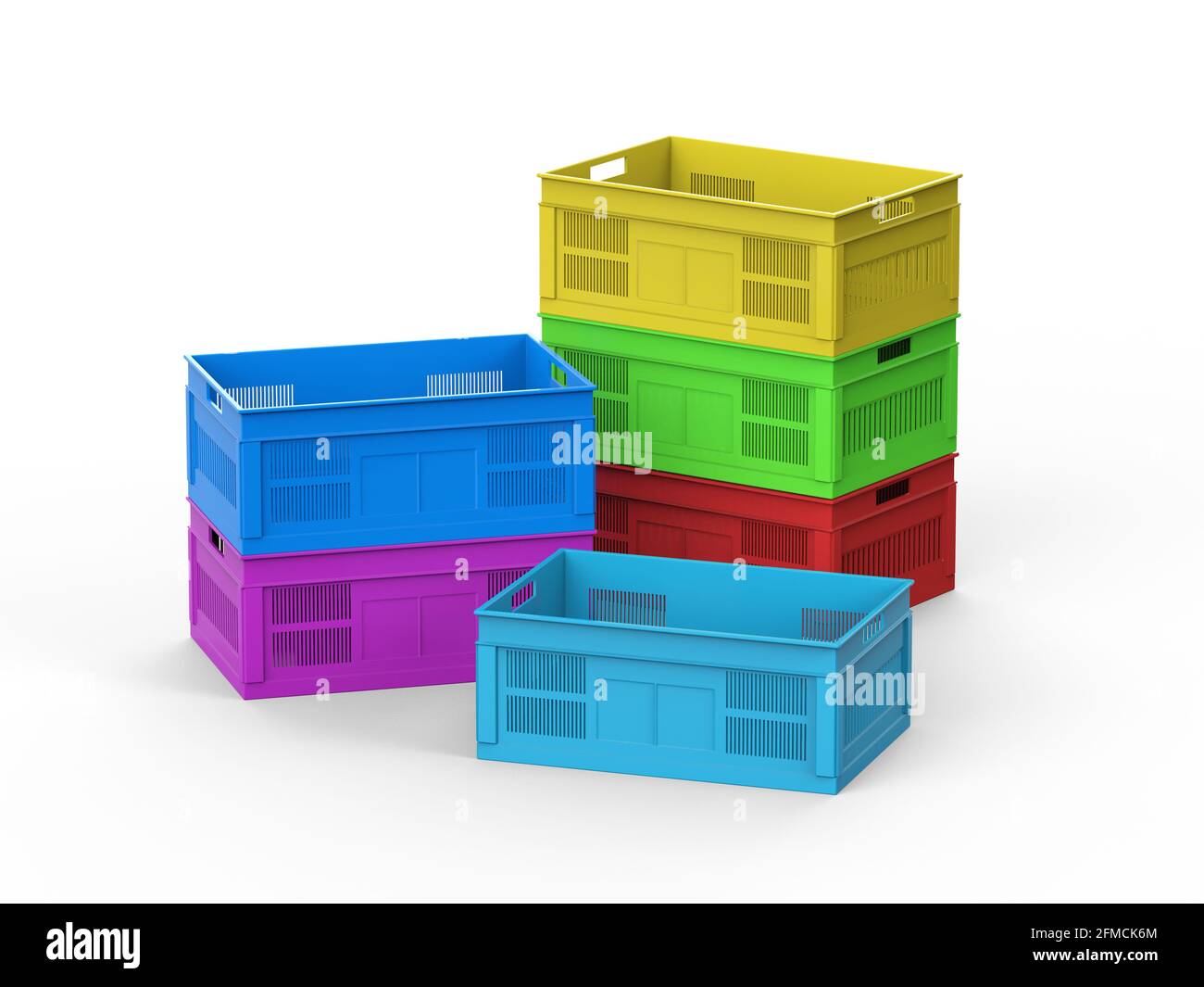 3d rendering stack of colourful plastic crates on white background ...