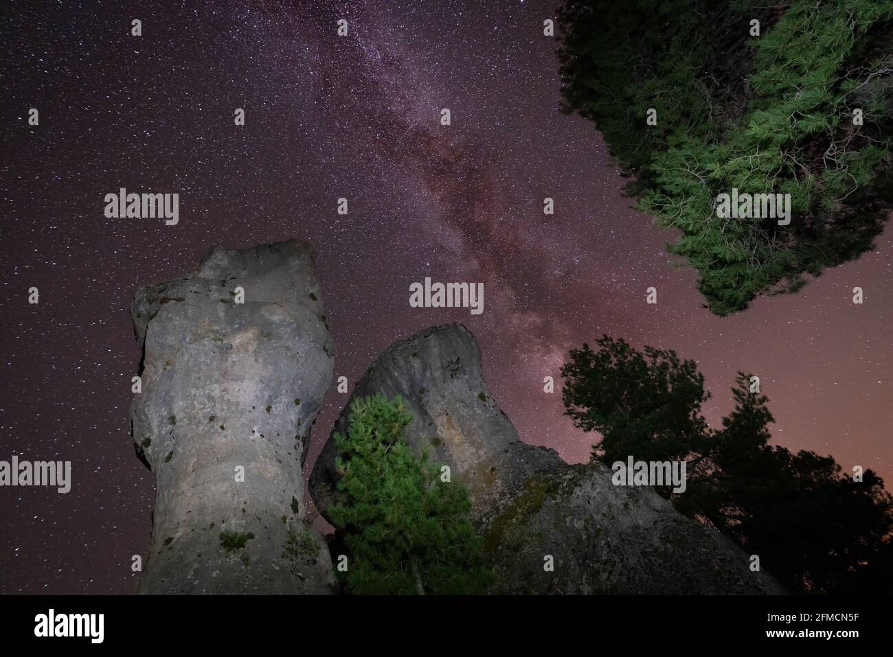 Under the milky way with rocks and tree Stock Photo - Alamy