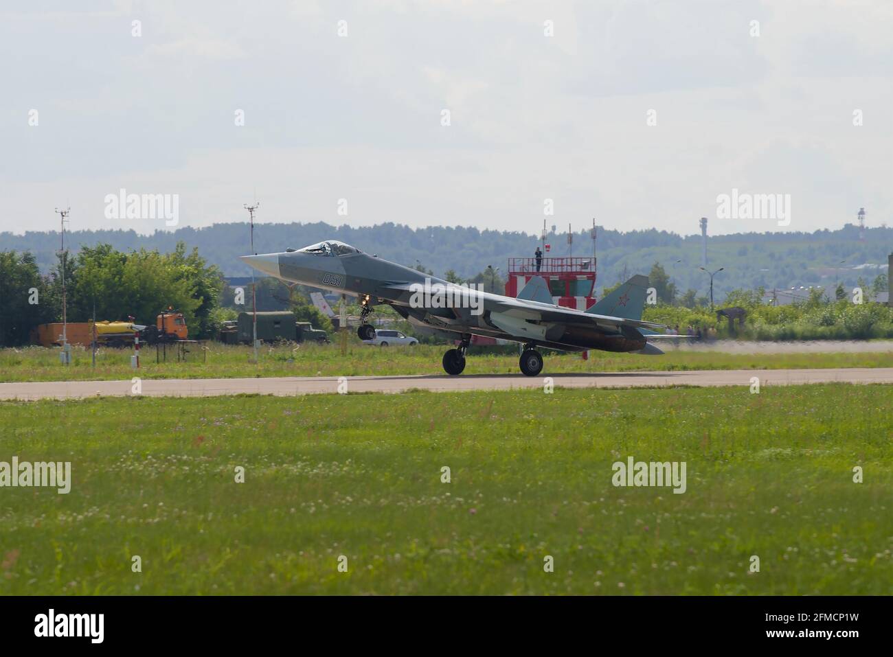 ZHUKOVSKY, RUSSIA - JULY 20, 2017: Russian multifunctional fighter of the fifth generation of Su-57 (T-50) on take-off. MAKS-2017 Air Show Stock Photo