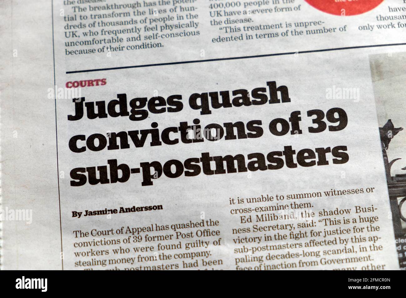 'Judges quash convictions of 39 sub-postmasters' post office scandal in for workers in i newspaper headline article London England UK 23 April 2021 Stock Photo