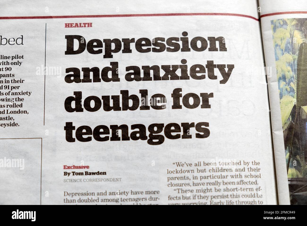 Depression and anxiety double for teenagers teens mental health article  inews i newspaper headline in April 2021 London England UK Stock Photo -  Alamy