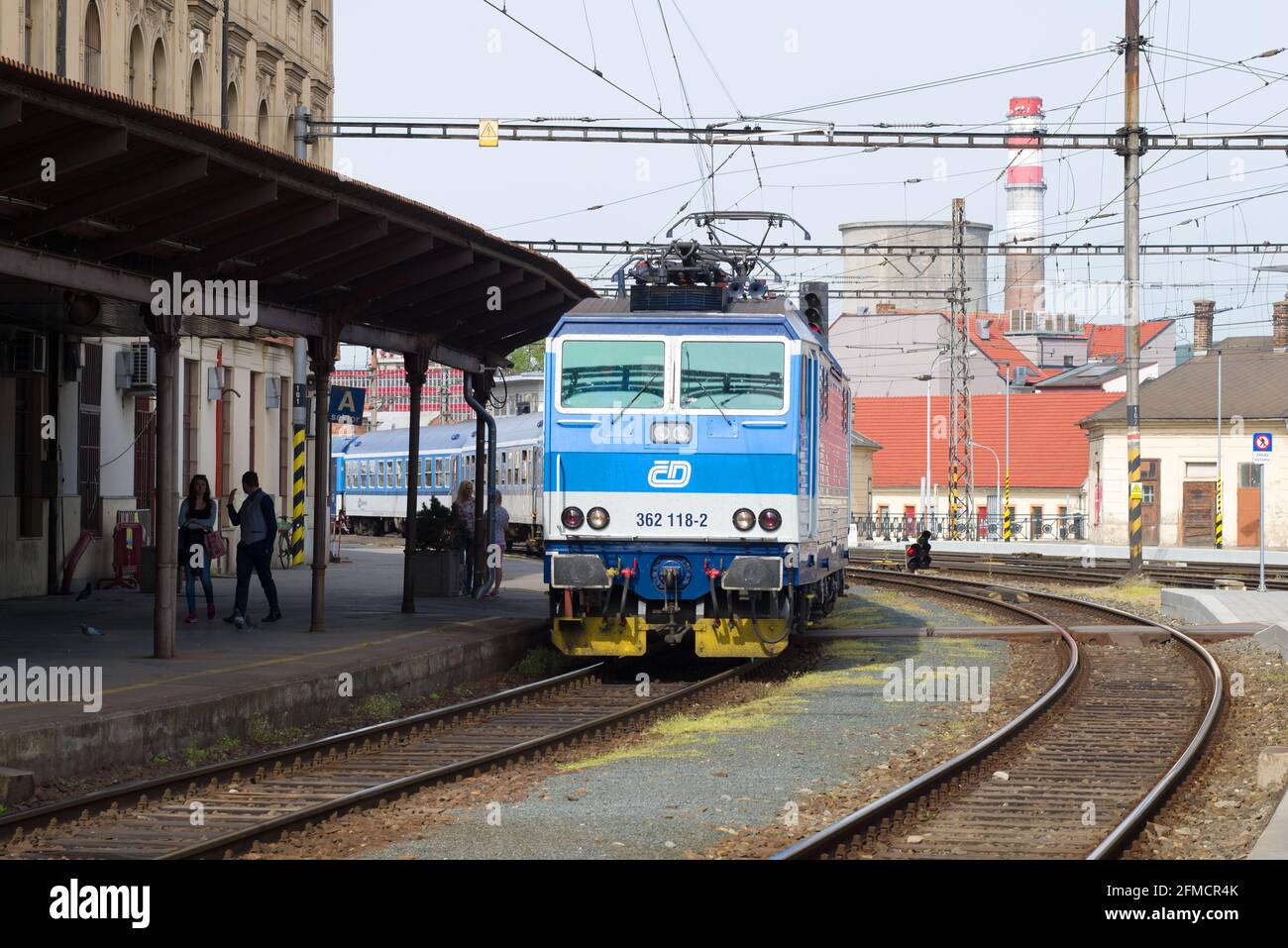 BRNO, CZECH REPUBLIC - APRIL 24, 2018: Passenger train arrives at the main railway station of Brno Stock Photo
