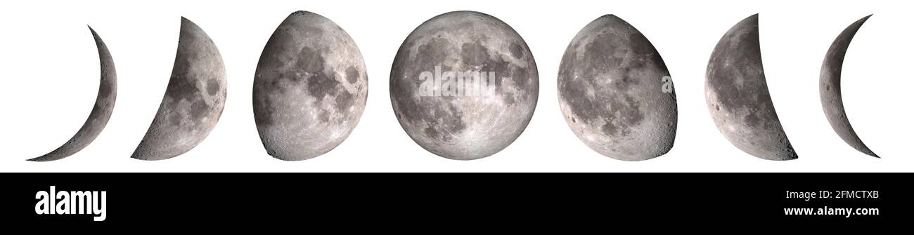 Phases of the Moon set isolated on white: waxing crescent, first quarter, waxing gibbous, full moon, waning gibbous, third guarter, waning crescent, n Stock Photo