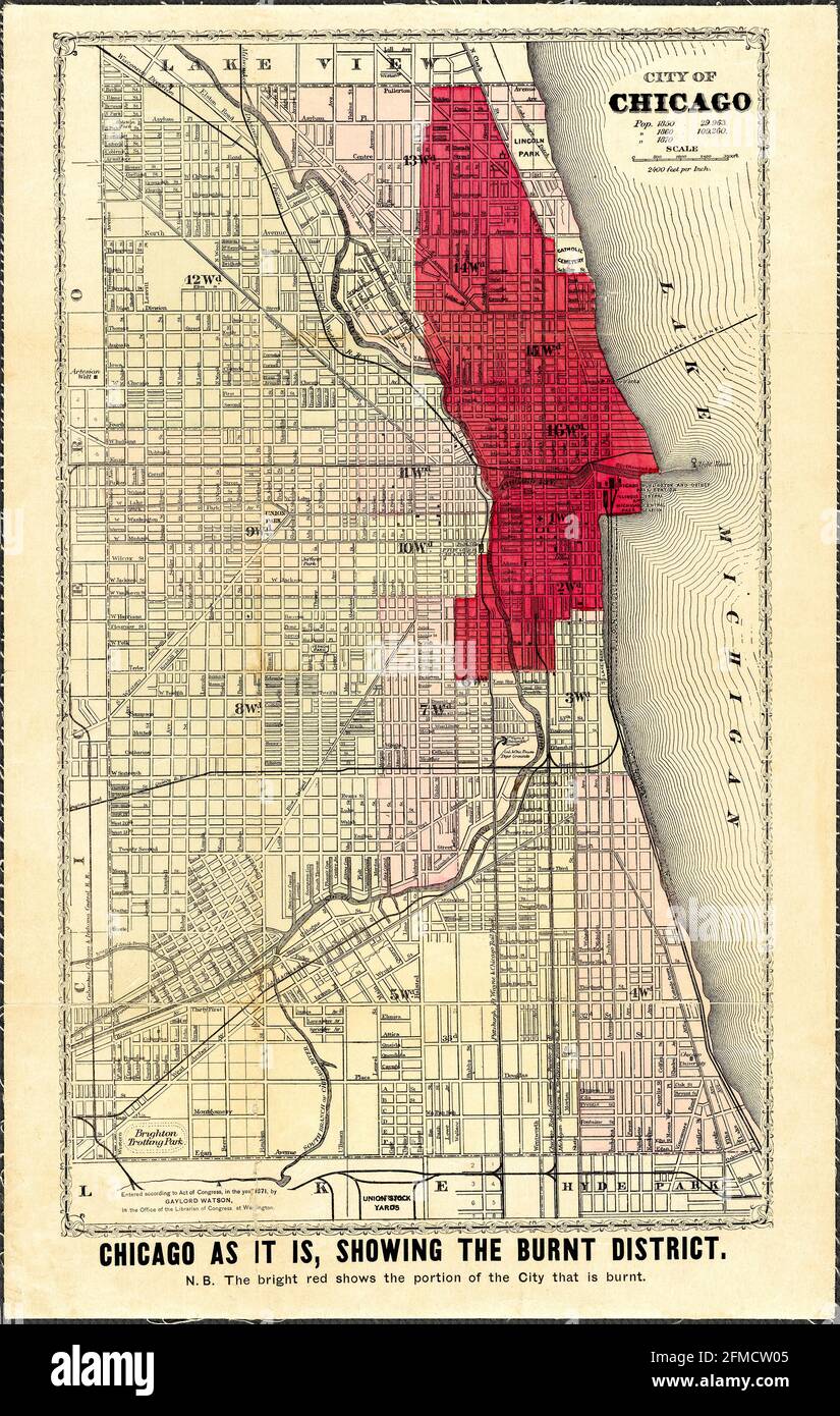 Chicago Fire Old Map 1871. Old map shows the part of Chicago Destroyed by the fire that swept the city in 1871. Wood-framed infrastructure contributed to the spread of the fire. Stock Photo