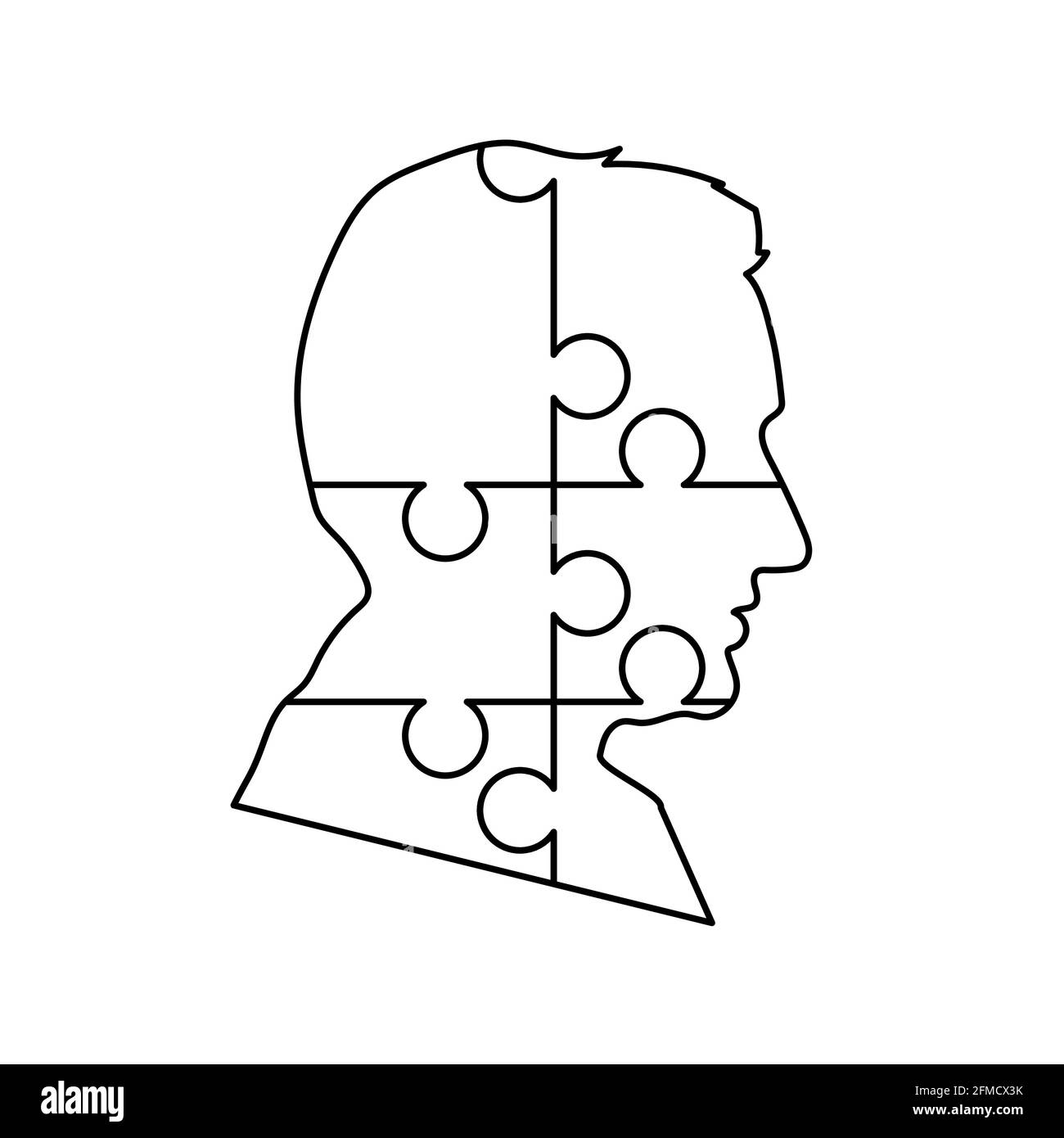 Black detailed mans face profile made up by six puzzles pieces on white Stock Vector