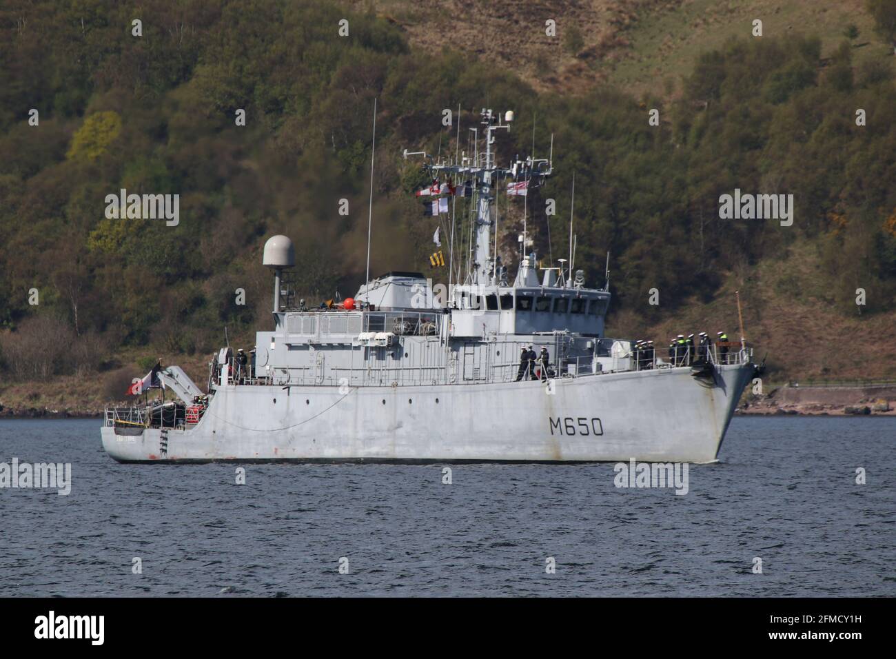 FS Sagittaire (M650), an Eridan-class (or Tripartite) mine countermeasures vessel operated by the French Navy, approaching Fairlie Pier on her arrival for the military exercises Strike Warrior and Joint Warrior 21-1. Stock Photo