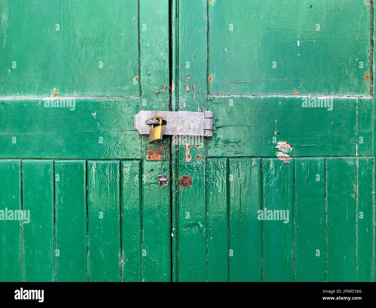 Green painted wooden doors with security hasp, staple and brass padlock Stock Photo