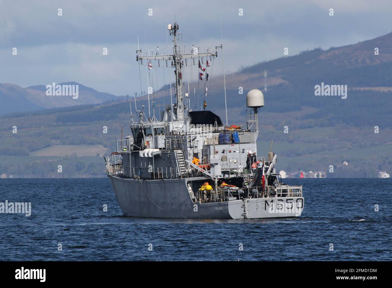 FS Sagittaire (M650), an Eridan-class (or Tripartite) mine countermeasures vessel operated by the French Navy, approaching Fairlie Pier on her arrival for the military exercises Strike Warrior and Joint Warrior 21-1. Stock Photo