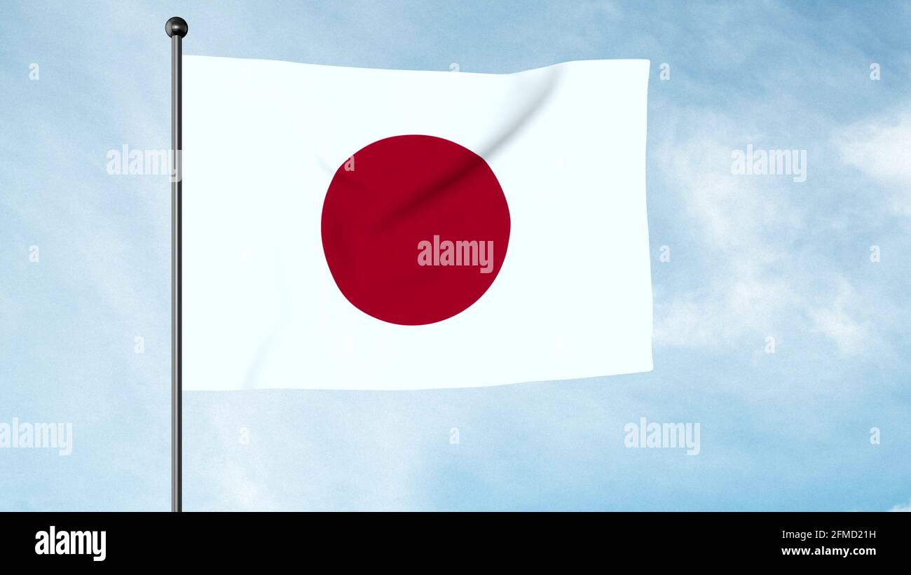 3D Illustration of The national flag of Japan is a rectangular white banner bearing a crimson-red circle at its centre. Nisshōki, Hinomaru. Land of th Stock Photo