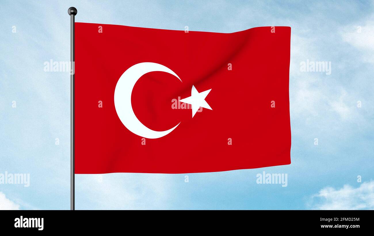 3D Illustration of The flag of Turkey, a red flag featuring a white star and crescent. The flag is often called al bayrak, and is referred to as al sa Stock Photo