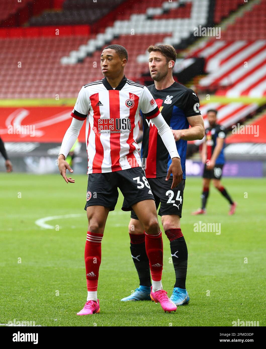Sheffield, England, 8th May 2021. Daniel Jebbison of Sheffield Utd with Gary Cahill of Crystal Palace during the Premier League match at Bramall Lane, Sheffield. Picture credit should read: Simon Bellis/ Sportimage Stock Photo