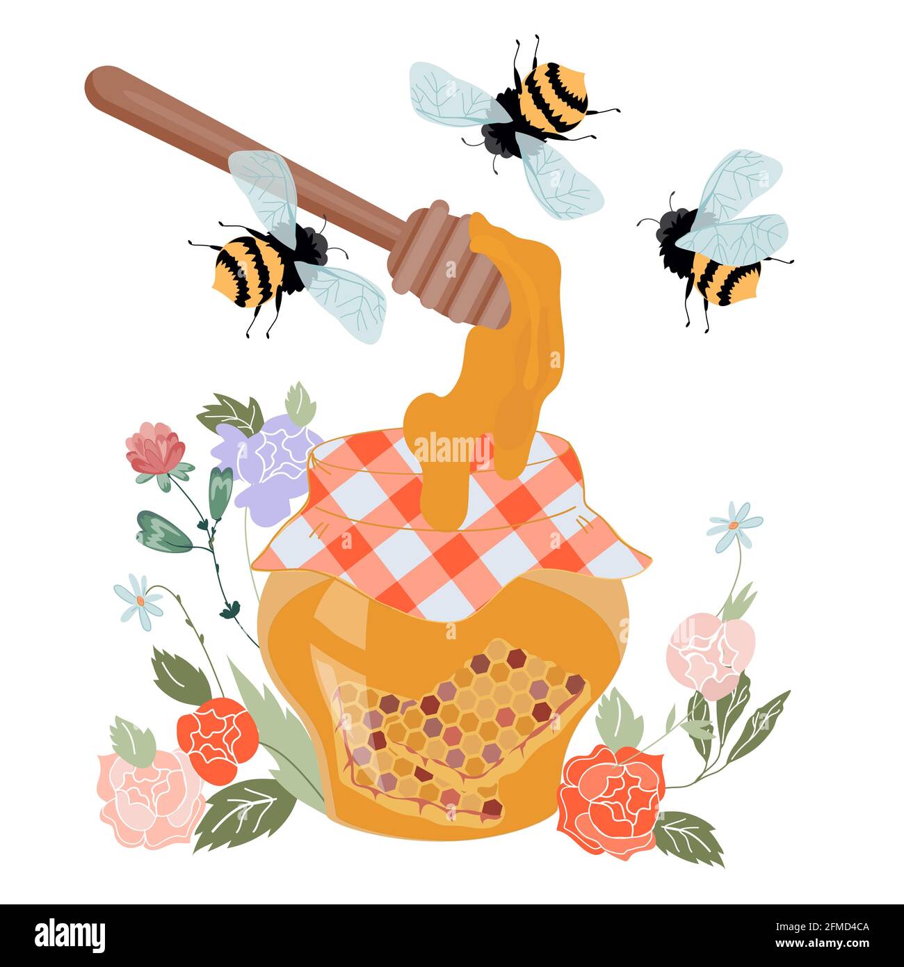 Illustration of honey jar with flowers and bees, flat vector isolated