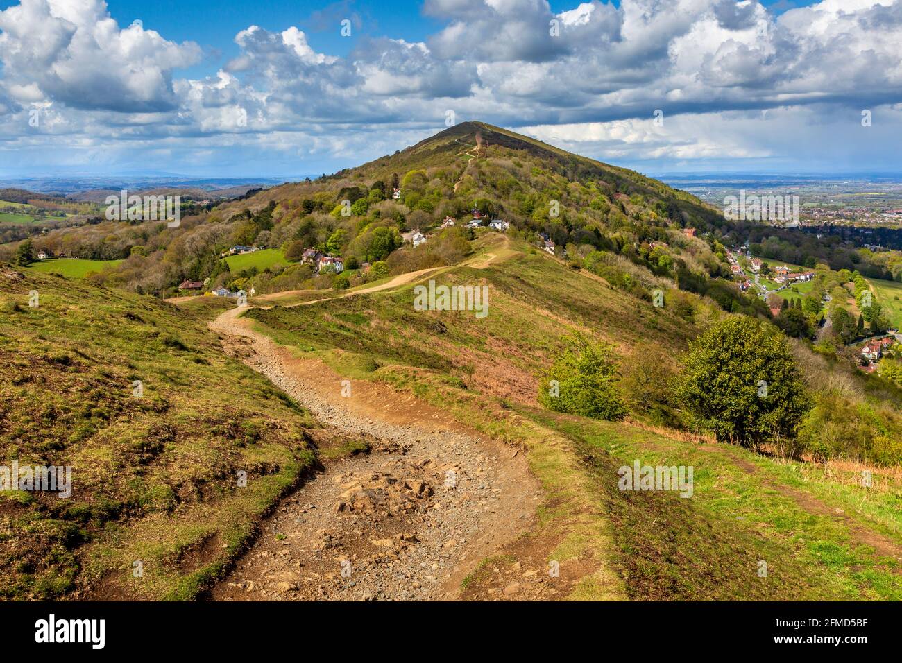 Looking north along the Shire Ditch on Perseverance Hill towards the Worcestershire Beacon in the spring, Malverns, Worcestershire, England Stock Photo