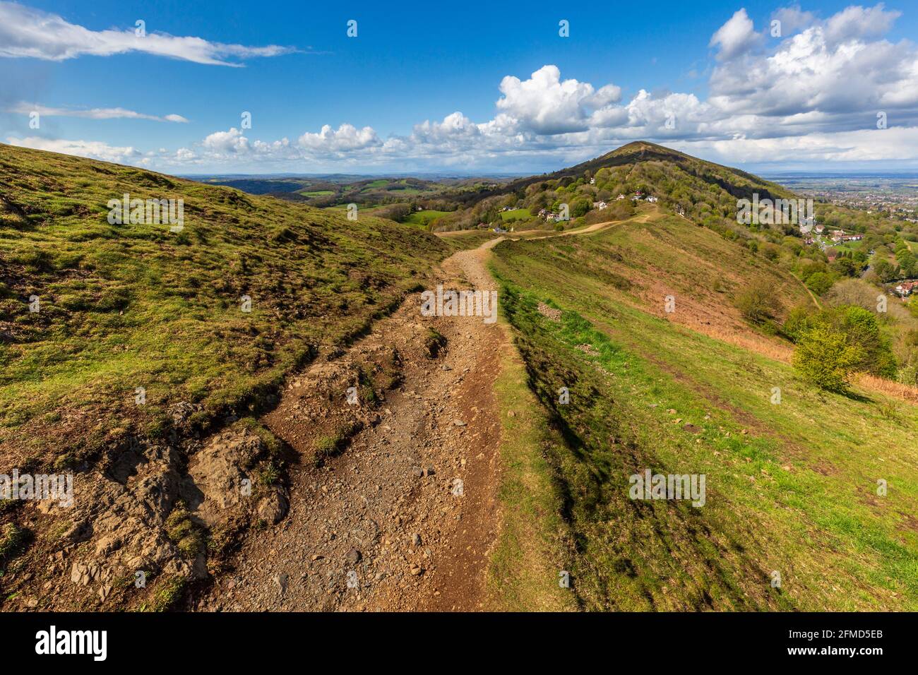 Looking north along the Shire Ditch on Perseverance Hill towards the Worcestershire Beacon in the spring, Malverns, Worcestershire, England Stock Photo