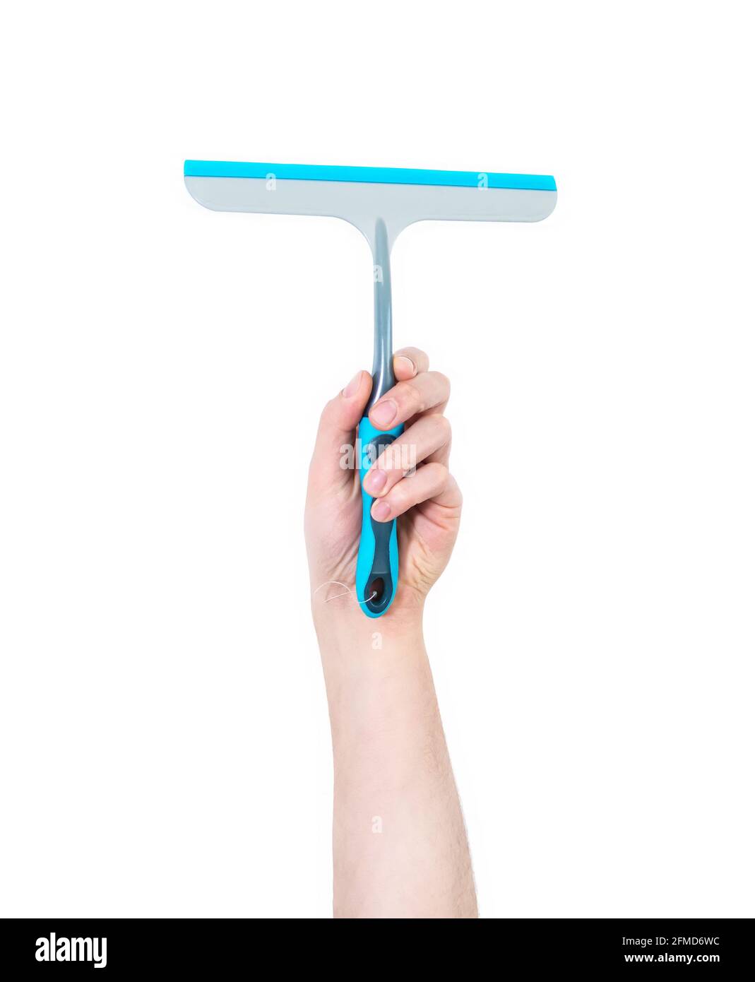 Vertical shot of man's arm raised holding a squeegee on isolated