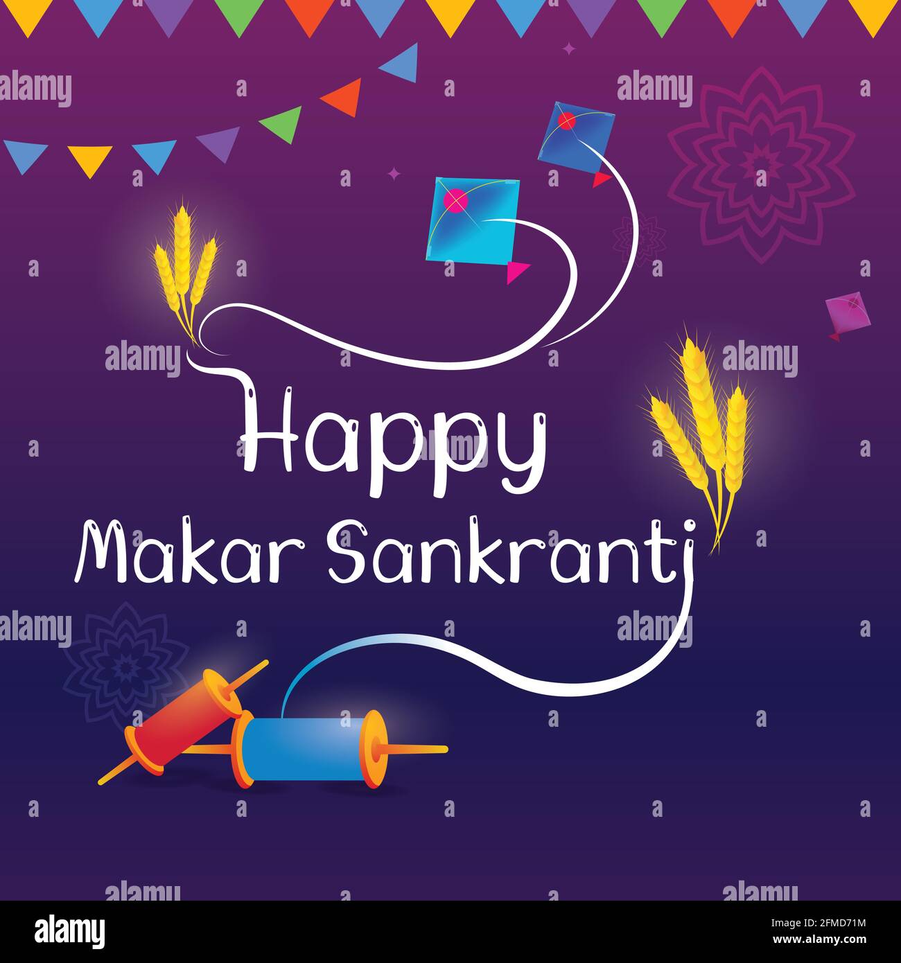 Happy Makar Sankranti festival greeting card with kites and decorative elements for website and social media. Beautiful festive vector illustration. Stock Vector