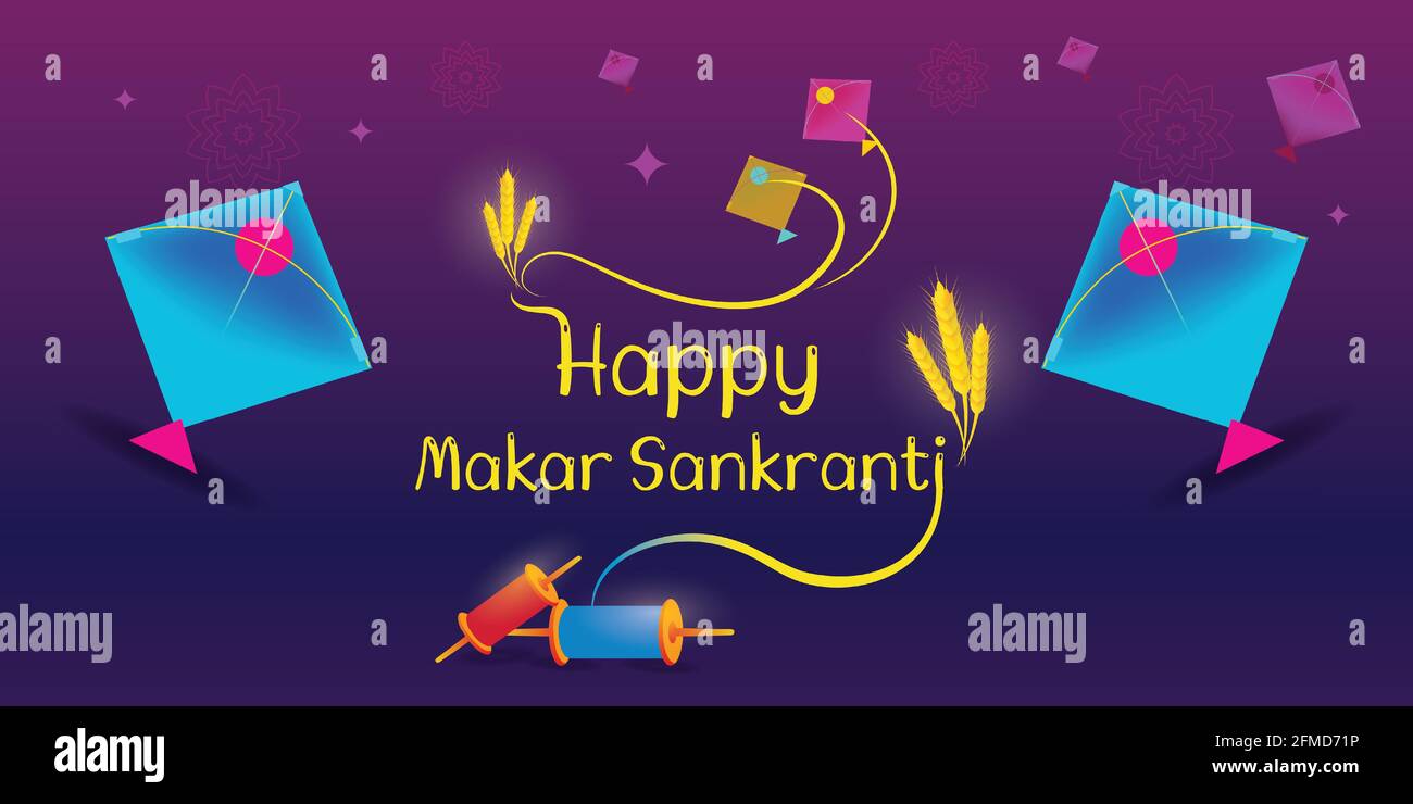 Happy Makar Sankranti festival greeting card with kites and decorative elements for website and social media. Beautiful festive vector illustration. Stock Vector
