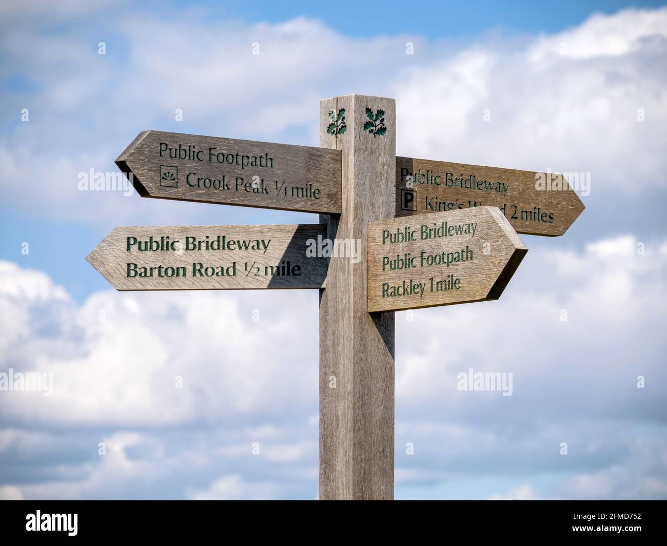 National Trust signpost at a crossing of major paths on Crook Peak in the Mendip Hills of Somerset UK Stock Photo