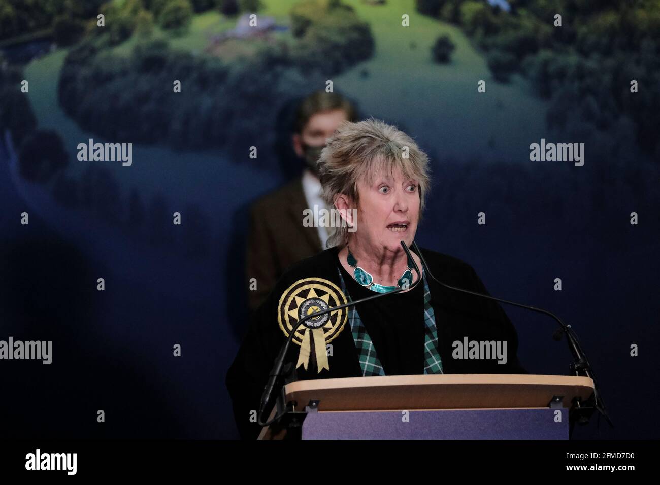 Kelso, UK. 08.May.2021. Scottish Parliament Election 2021 Midlothian South, Tweeddale and Lauderdale Constituency Declaration, Kelso, UK. Scottish Parliament Election 2021 Midlothian South, Tweeddale and Lauderdale Constituency Scottish National Party (SNP) - Christine Grahame at the count declaration in Border Events Centre, Springwood Showground, Kelso on Saturday 08 May 2021 Netta Meadows, Returning Officer declared results as follows: Scottish Green Party - Dominic Ashmole [2,154] Vanguard Party - Michael James Banks [67] Scottish National Party (SNP) - Christine Grahame [19,807 Majori Stock Photo