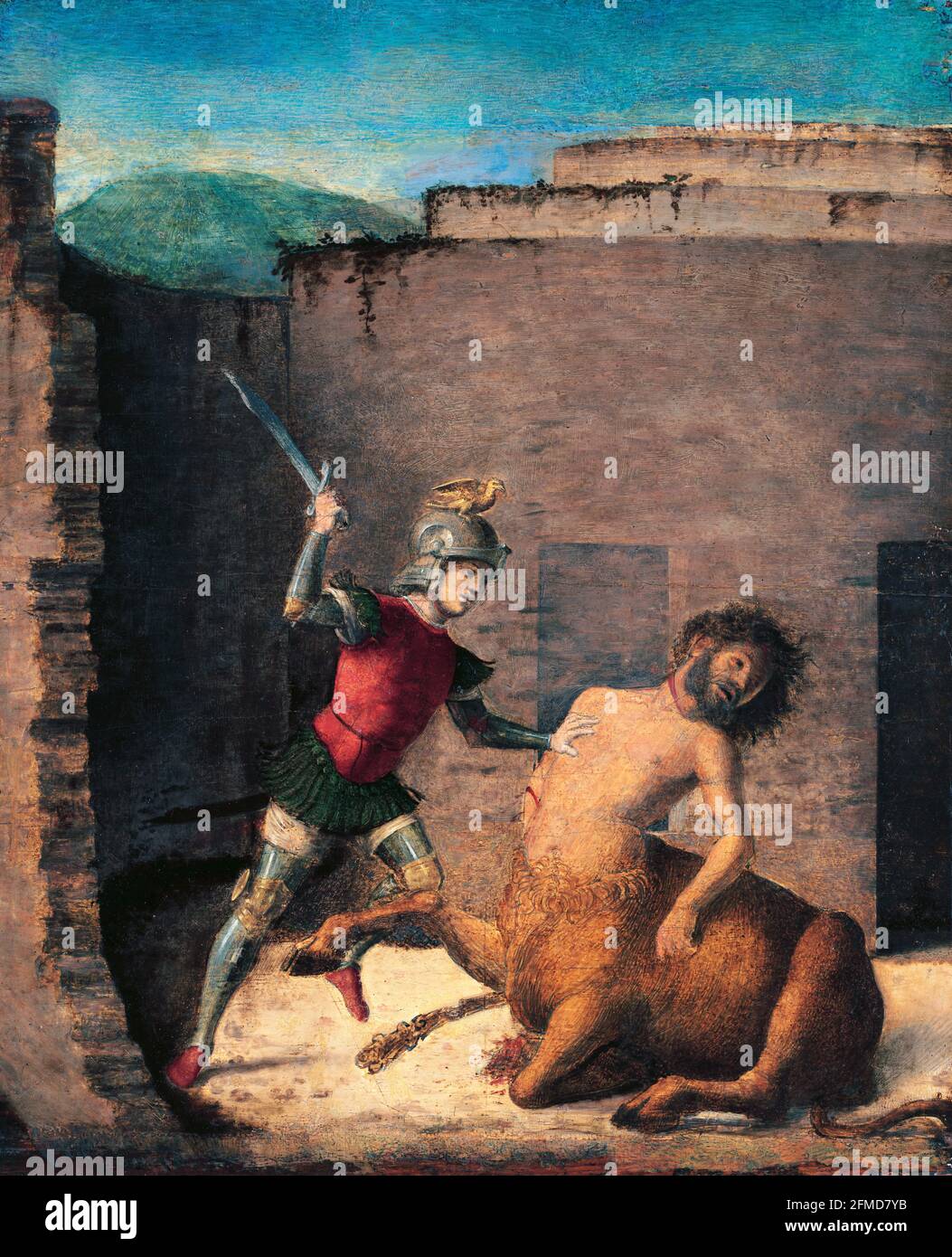 Minotaur. Painting entitled 'Theseus Killing the Minotaur' by Giovanni Battista Cima de Conegliano, tempera on panel, c.1505 Stock Photo