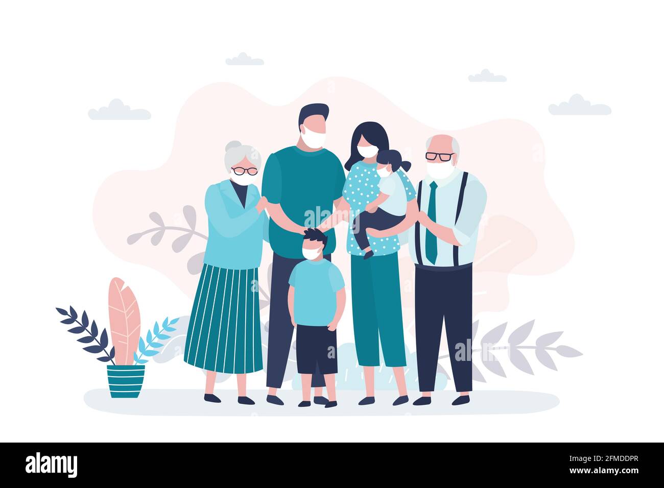 People in safety masks stop the spread of viruses. Family portrait. Happy parents with children. Grandparents, Mother,father and two kids. Cute huge f Stock Vector