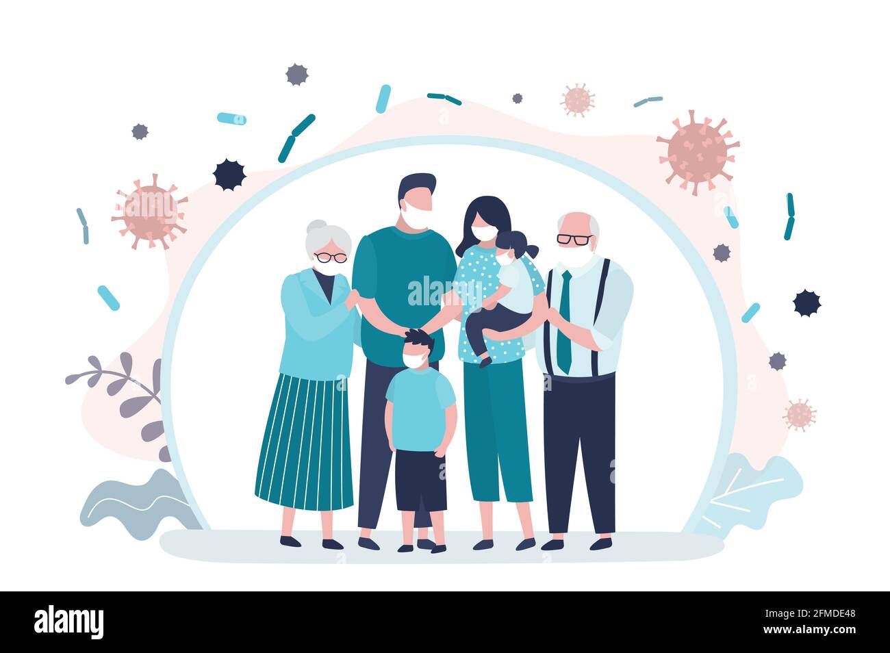 People in safety masks stop the spread of viruses. Family portrait. Happy parents with children. Grandparents, Mother,father and two kids. Cute huge f Stock Vector
