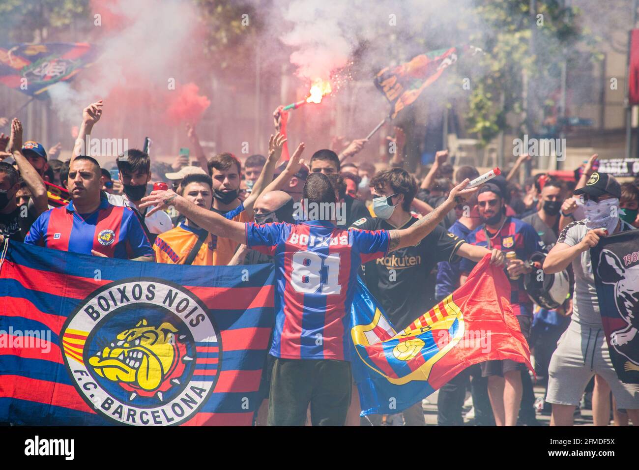 Football Club Barcelona fans are seen holding flags and burning flares The  ultras supporter group of Football Club Barcelona, Boixos Nois (Crazy Boys)  have gathered outside the Camp Nou stadium to motivate